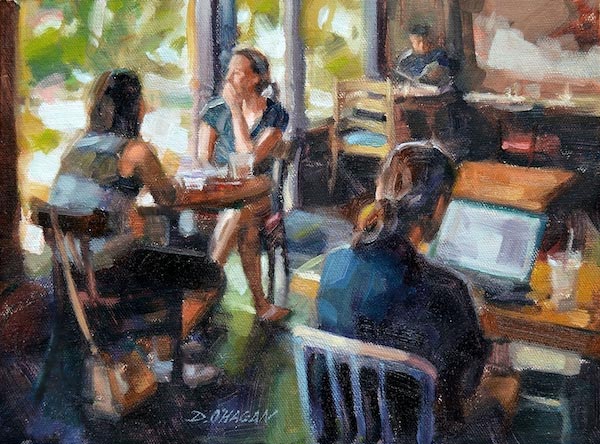 آموزش کار با رنگ روغن : افراد نشسته در کافه ی آفتابی