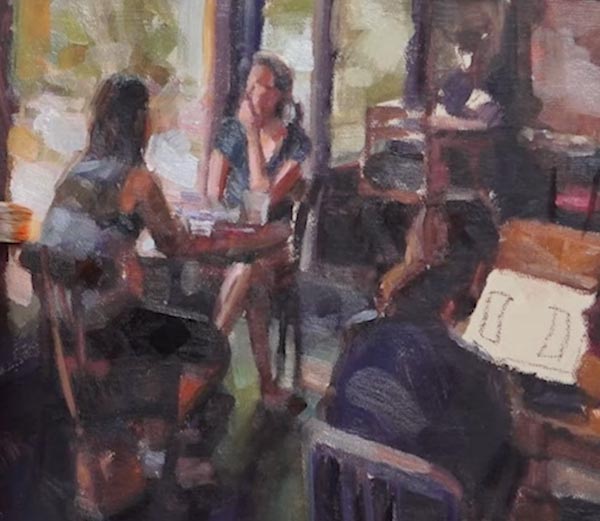 آموزش کار با رنگ روغن : افراد نشسته در کافه ی آفتابی